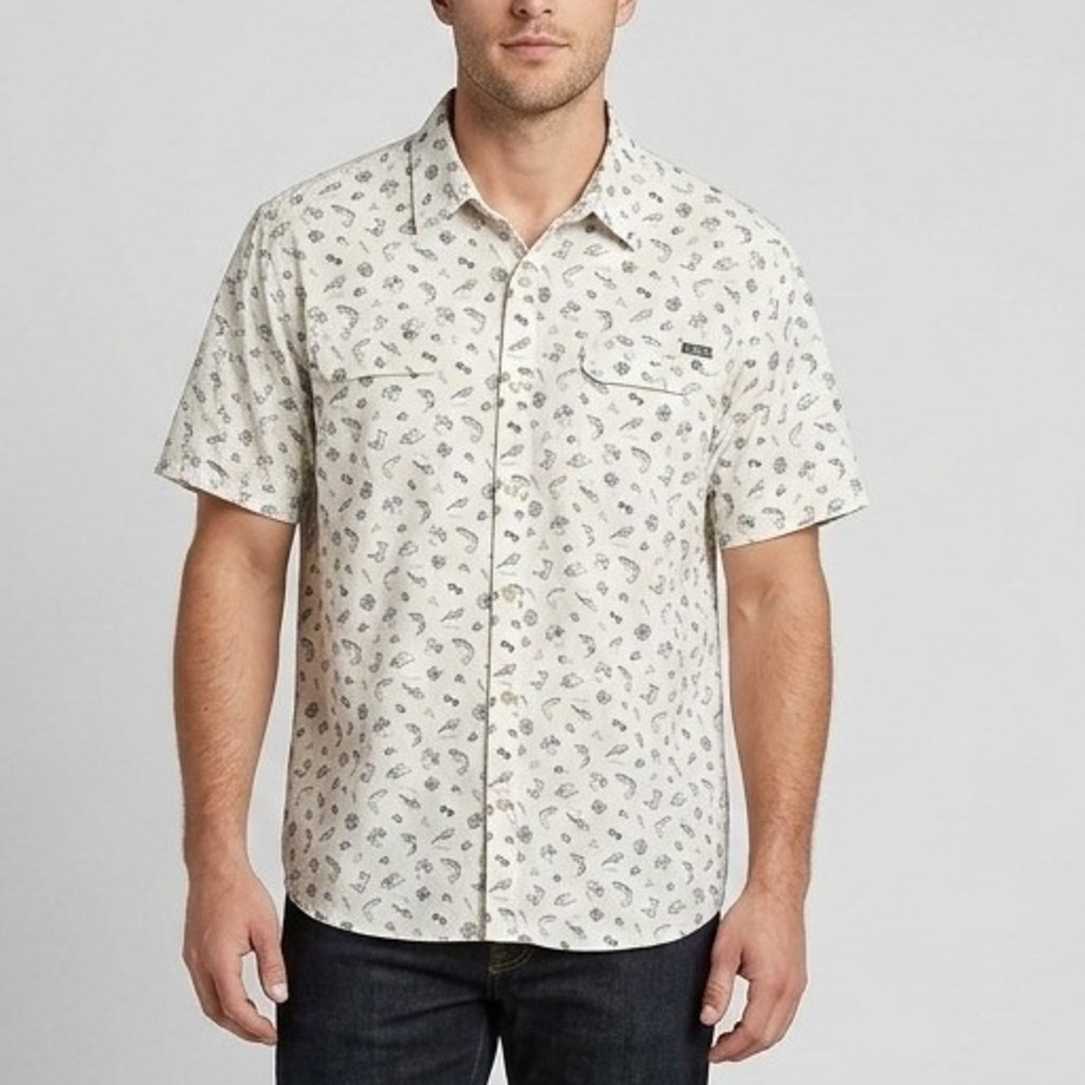 Eddie Bauer Mens 2XL White Fishing Print Short Sleeve Button Down Shirt Classic